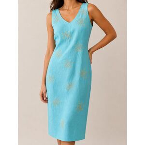 Vintage Positive Attitude Linen Blend Embroidered Beaded Sheath Dress Sz 6